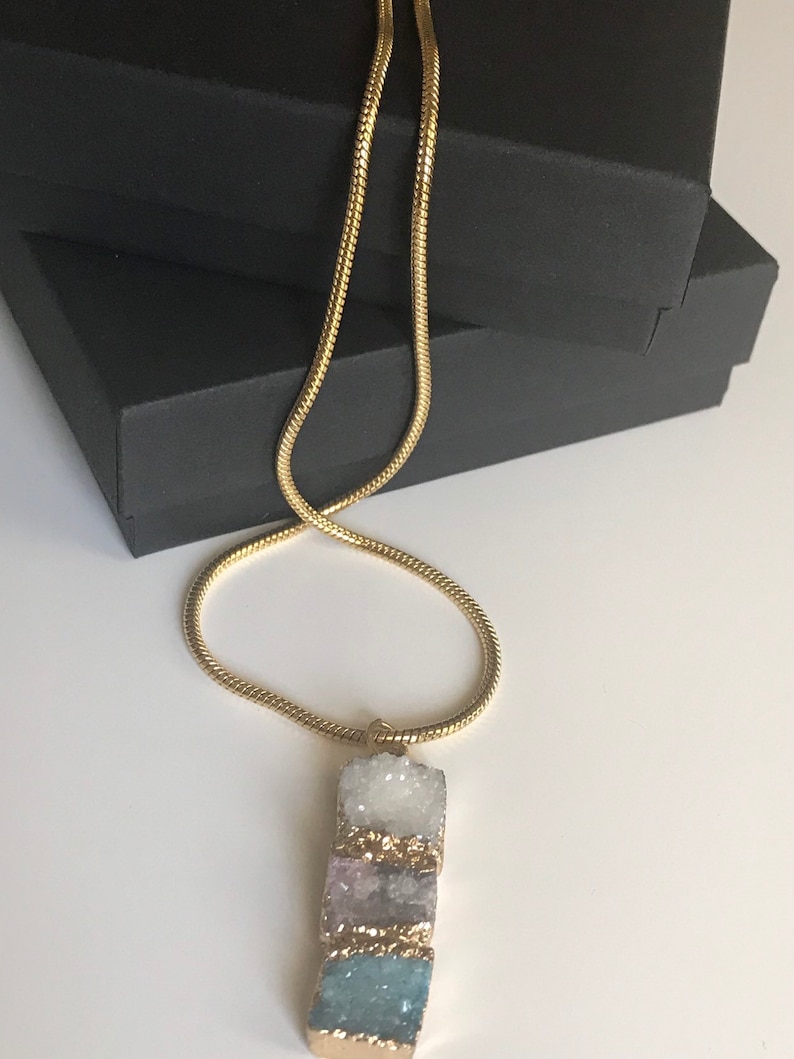 Natural Crystal Necklace Gifts for Her \u2022 Sparkling White Purple Blue Druzy Necklace \u2022 DN729 Rectangle Druzy Quartz Bar Necklace gold filled