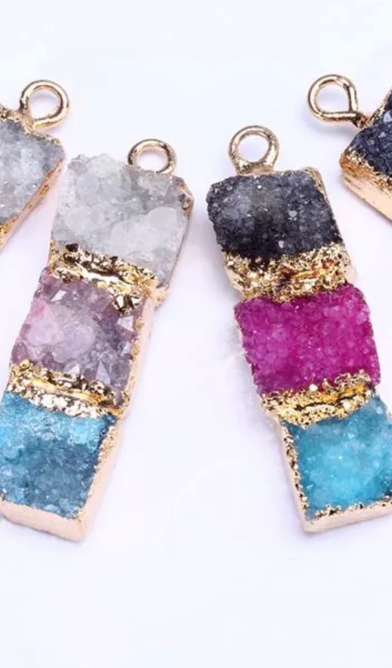 Natural Crystal Necklace Gifts for Her \u2022 Sparkling White Purple Blue Druzy Necklace \u2022 DN729 Rectangle Druzy Quartz Bar Necklace gold filled