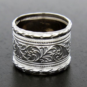 14K Solid White Gold Floral Art Nouveau Wide Vine Wedding Band Ring, 13mm Wide image 7