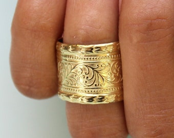 Solid 14K Gold Floral Art Nouveau Wide Band Ring, 13mm Wide