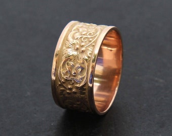 Solid 14K Gold Floral Art Nouveau Wide Band Ring