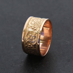 Solide 14K gouden bloemen Art Nouveau brede band ring