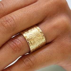 14K massief gouden bloemen Art Nouveau brede Vine Band Ring, 13 mm breed