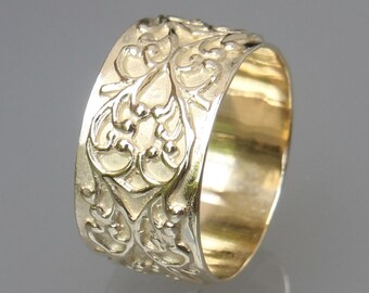 Wide Solid 14K Gold 10mm Floral Art Nouveau Ring, Engraved Wedding Band