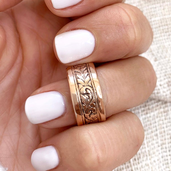 Solid 14K Gold 9mm Cigar Wide Band Ring