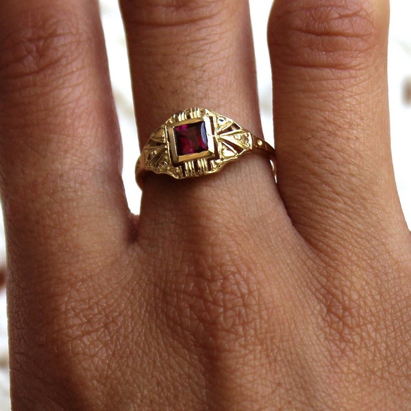 14K Solid Gold Delicate Art Nouveau Ring With Square Rhodolite Garnet/ Moissanite