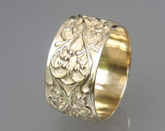 Wide Solid 14K Gold 10mm Floral Art Nouveau Ring, Engraved Wedding Band
