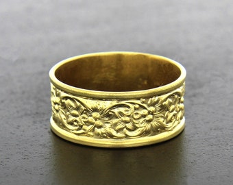 Solid 14K Gold Floral Art Nouveau Wide Band Ring