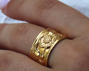 14K Gold Floral Art Nouveau Wide Band Ring