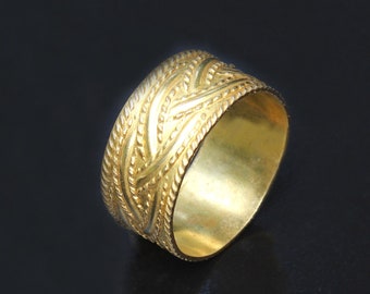 Solid 14K Yellow Gold Wedding Ring, Handmade 10mm Art Nouveau Floral Wedding Band, Antique Style Jewelry