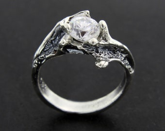 Leaf Artistic Sterling Silver Solitaire White Sapphire Engagement Ring