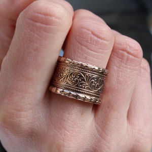 Solid 14K Rose Gold Floral Art Nouveau Wide Vine Band Ring, 13mm Wide