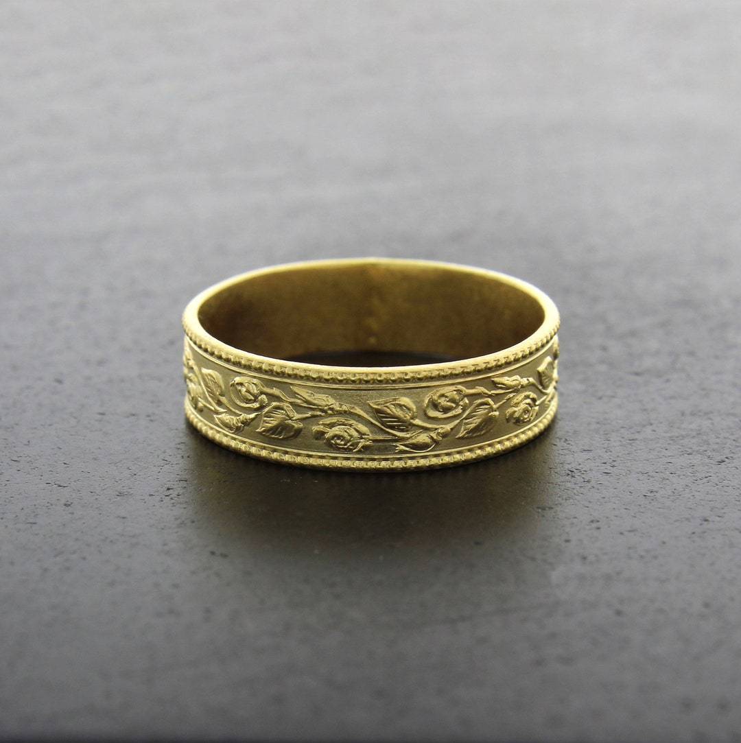 14K Solid Gold Wedding Ring, Handmade Art Nouveau Floral Wedding Band ...