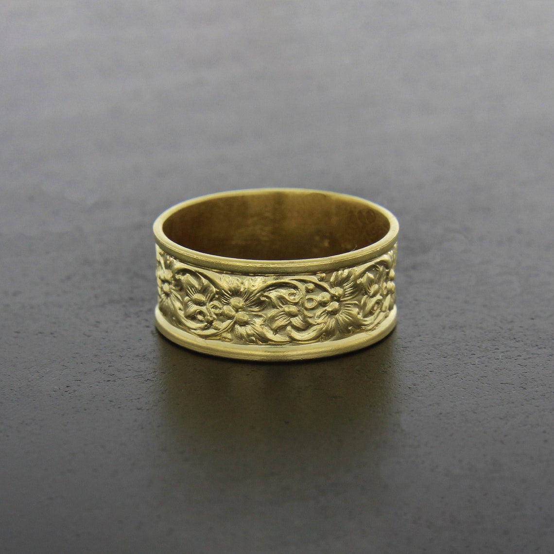 14K Solid Gold Floral Art Nouveau Wide Band Ring - Etsy