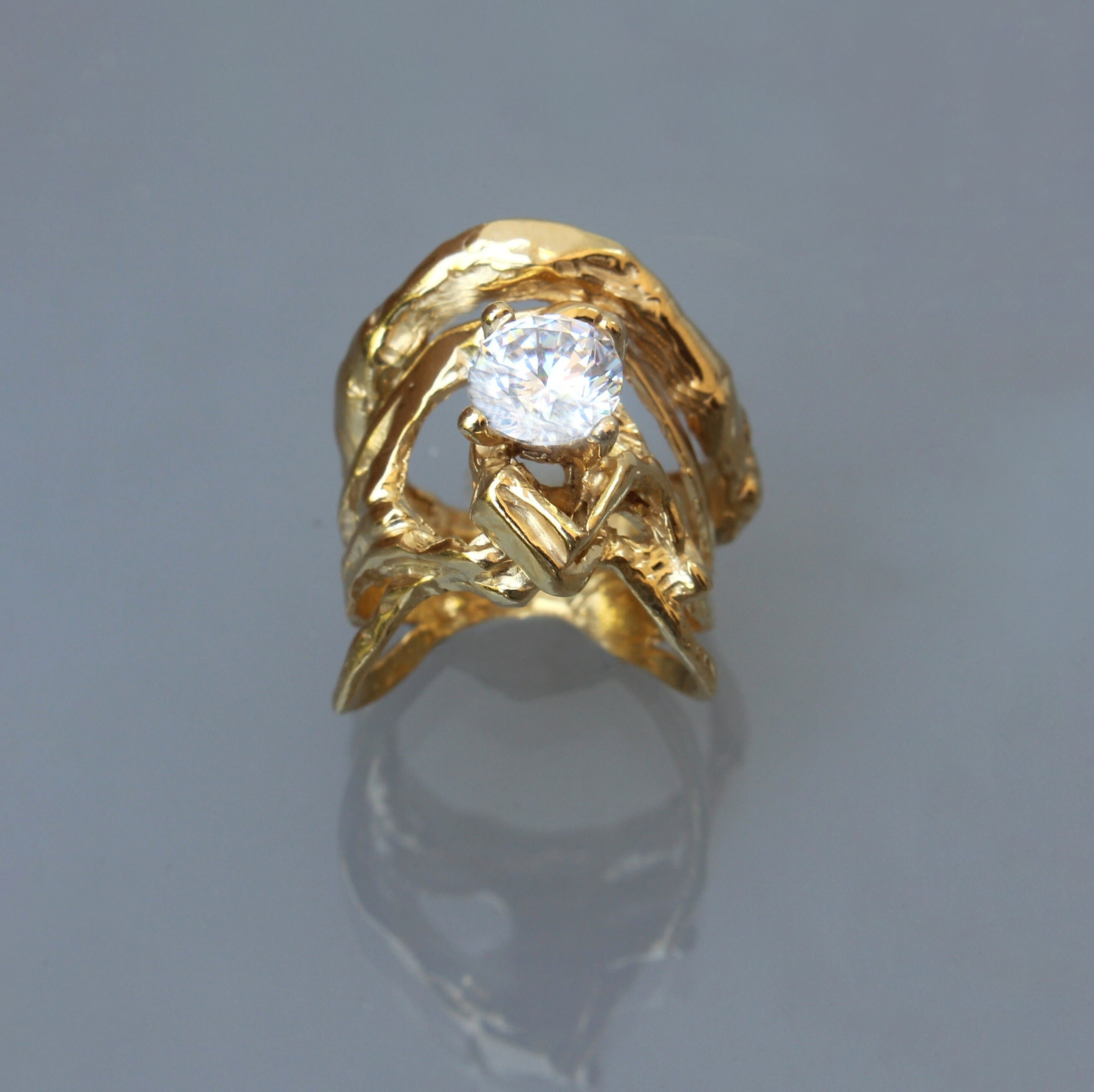 14K Solid Gold Structural Wide Rings Set Abstract Engagement - Etsy