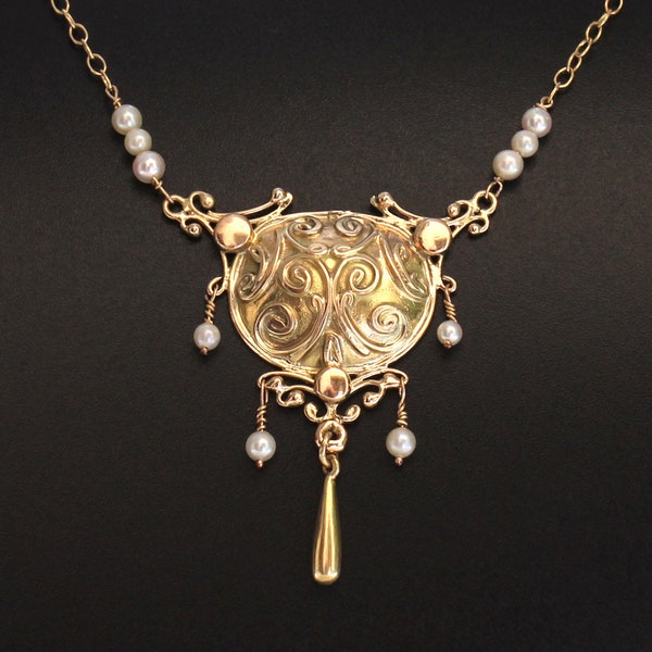 14K Solid Gold Handmade Antique Inspire Art Nouveau Pearls Pendant Necklace & Earrings Set