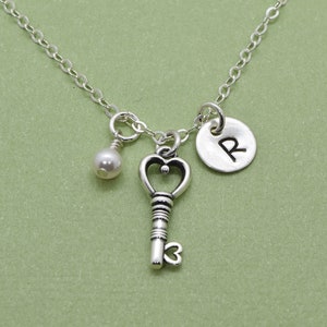 Sterling Silver Heart Key Charm Necklace, Personalized Key Pendant, Girlfriend Gift, Add Initial or Birthstone, Personalized Present for Her