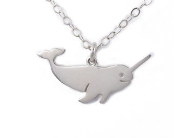 Sterling Silver Narwhal Charm Necklace, Narwhal Pendant, Ocean Lover Gift, Present for Friend, Sea Unicorn, Simple , Add Initial