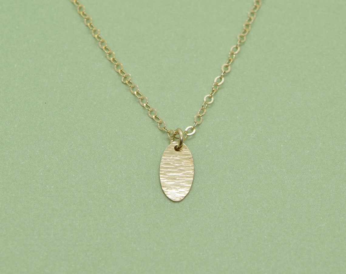 Small Gold Charm Necklace, Textured Linen Patterned Oval Pendant, Tiny Gold Pendant Necklace ...