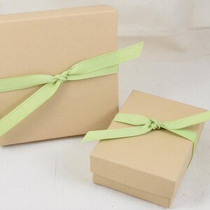 May include: Two brown cardboard gift boxes tied with light green ribbon. The larger box is in the background and the smaller box is in the foreground.