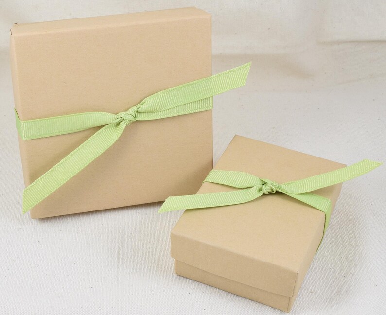 May include: Two brown cardboard gift boxes tied with light green ribbon. The larger box is in the background and the smaller box is in the foreground.