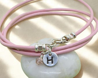 Sterling Silver Initial Leather Wrap Bracelet with Birthstone Crystal, Monogram Charm, Letter Bracelet, Gift For Daughter or Niece