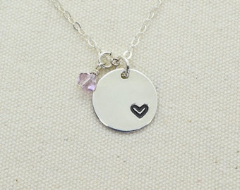 Sterling Silver Tiny Heart in a Circle Charm Necklace, Personalized Heart Necklace, Girlfriend Gift, Add Birthstone, Gift for Daughter