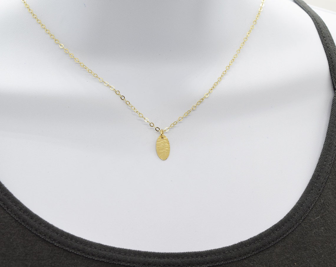 Small Gold Charm Necklace, Textured Linen Patterned Oval Pendant, Tiny Gold Pendant Necklace ...