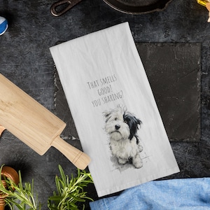 Funny Fluffy Dog Tea Towel Collection, Smells Good Cooking, Cute Dog Art, Kitchen Decor, Wedding, Housewarming Gift for Dog Owners Towel