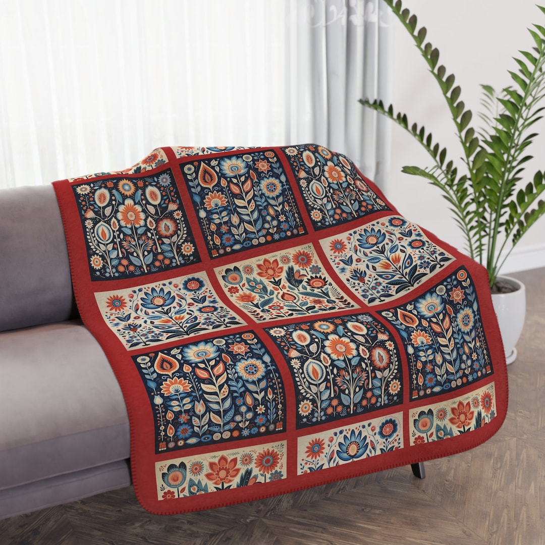 Scandi Folk Art Blanket, Scandinavian Art Style Folk Art Romantic Gift