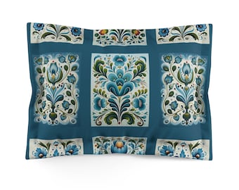 Scandinavian Style Microfiber Pillow Sham, Blue Folk Art Design, Matches Aqua Comforter & Duvet Cover, Colorful Accent, Boho Bedroom Decor