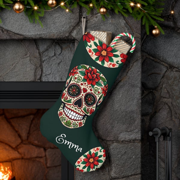 Personalized Sugar Skull Christmas Stocking: Extra Large Day of the Dead Stocking, Christmas Gift Bag, Big Christmas Stocking Gift Holder