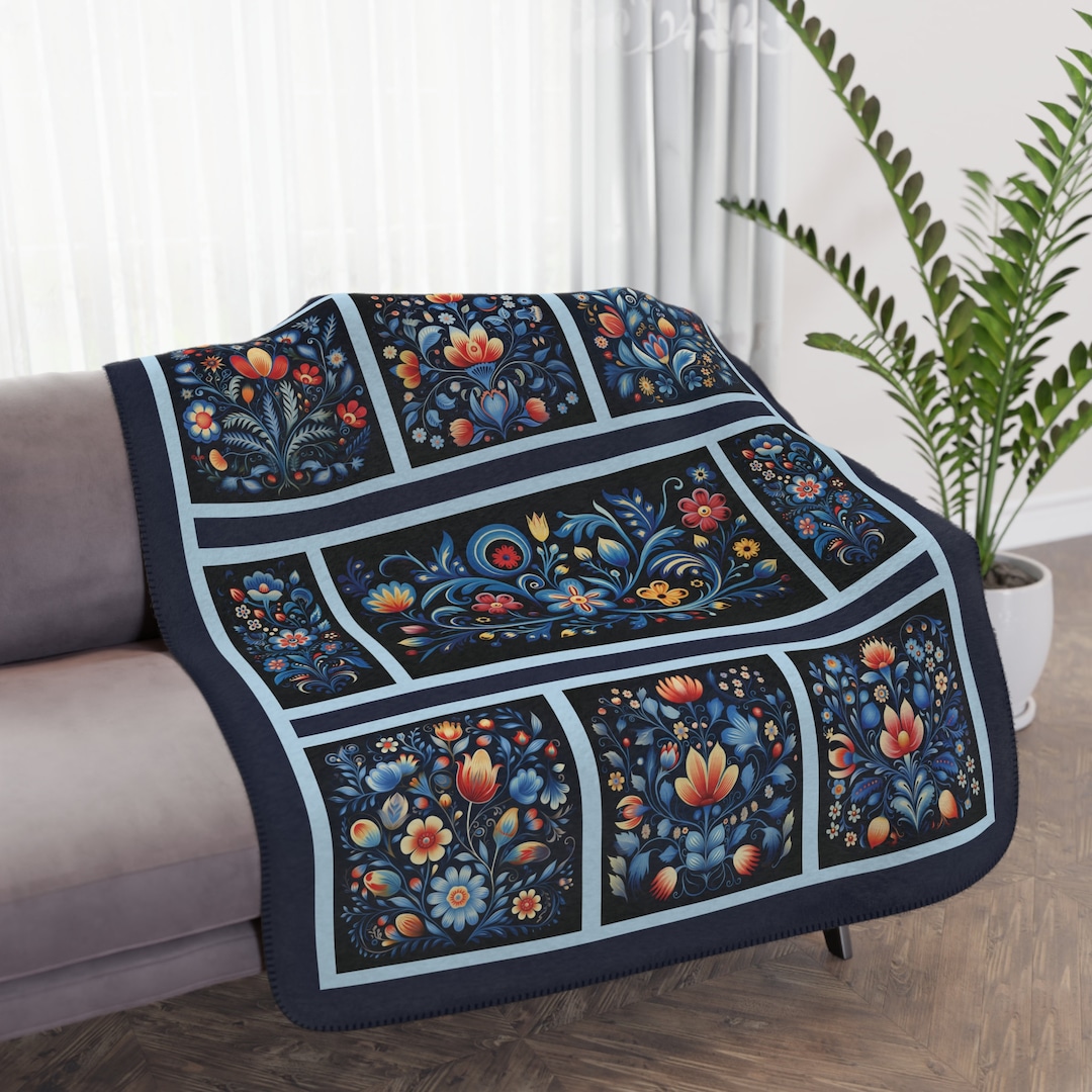 Navy Blue Scandi Folk Art Blanket, Scandinavian Art Folk Art Rosemaling