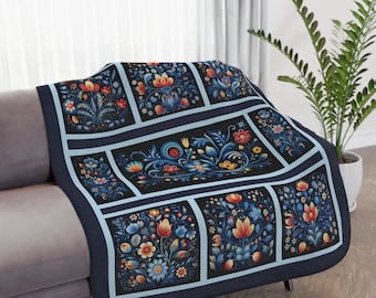 Scandi Folk Art Blanket, Navy Blue Scandinavian Art, Folk Art, Rosemaling, Romantic Gift, Wedding Gift, Boho Decor, Danish Roses Garden