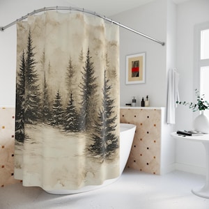 Misty Mountains Shower Curtain – Watercolor Pine Forest Bathroom Decor, Foggy Forest Shower Curtain, Nature Theme Bathroom Curtain