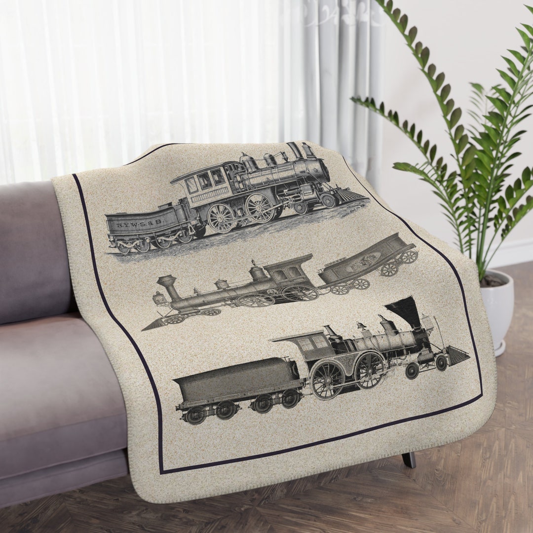 Three Vintage Train Engines Throw Blanket, Old Mens Man