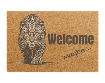 Funny Cat Welcome Mat Leopard, "WELCOME, Maybe..." on the Rug, Whimsical Fun Way to Greet Guests at the Door, Wedding, Housewarming Gift