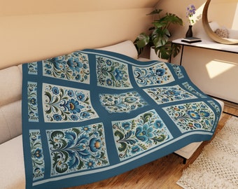 Scandi Blue Folk Art Blanket, Scandinavian Art Style - Original Design Blanket Throw - Romantic Gift - Wedding Gift - Boho Decor, Danish