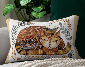 Scandi Folk Art Cat & Bird Throw Pillow, Garden Cat Room Decor, Unique Scandi Cat Gift, Cute Engagement, Wedding Gift, Home Accent Pillow