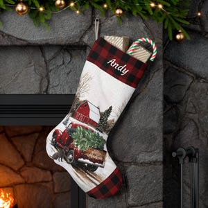 Christmas Red Truck Stocking 2024 Design - Watercolor Art, Vintage Christmas Style - Unique Rustic Farmhouse Decor, Family Gift for Him