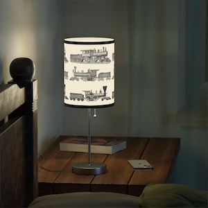 Vintage Train Lamp, Black and White Steam Engine Decorative Accent Desk Lamp, Lamp Art, Bedroom, Living Room Home Decor, Train Lampshade
