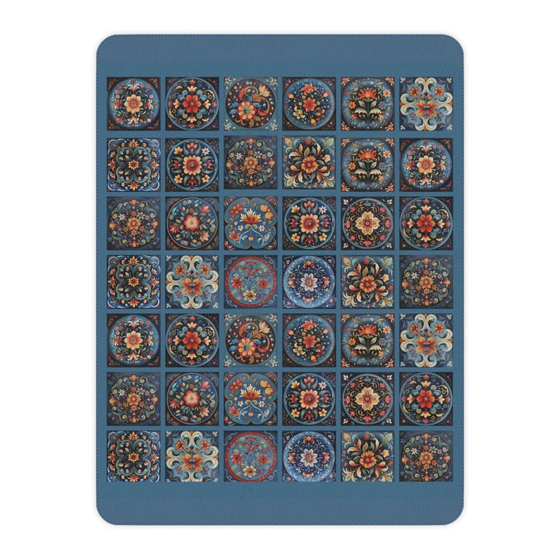 Scandi Prussian Blue Folk Art Blanket, Scandinavian Rosemaling Style Tiles, Original Design Blanket Throw, Wedding Gift - Boho Decor, Danish image 7