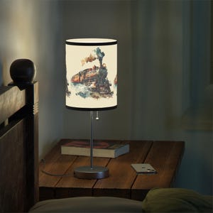 Vintage Train Lamp, Bronze Steam Locomotive Lampshade Light, Train Watercolor Print, Bedroom, Living Room Home Decor Printed Train Lampshade