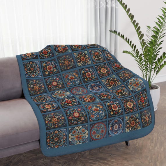 Scandi Prussian Blue Folk Art Blanket, Scandinavian Rosemaling Style Tiles, Original Design Blanket Throw, Wedding Gift - Boho Decor, Danish