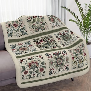 Scandi Ivory Folk Art Blanket, (#2 Green) Original Scandinavian Style Design, Ivory, Sage, Berry, Romantic Gift, Unique Boho RabbitThrow