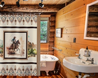 Western Cowboy Shower Curtain, Wild West Cowboy Horse Bathroom Decor, Cowboy Decor for the Horse Loving Western Theme Home, Rustic