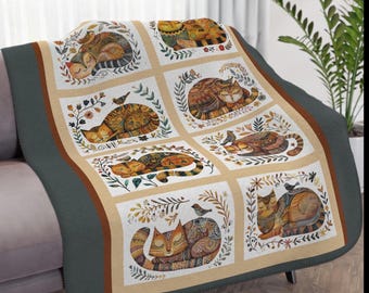 Scandi Folk Art Cat Sherpa Blanket - Cozy Minky Throw in 2 Sizes