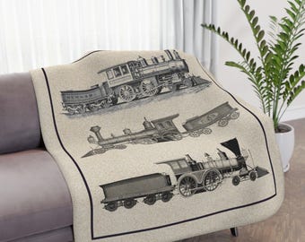 Three Vintage Train Engines Throw Blanket, Old Locomotives, Mens Man Cave Throw, Adult Blanket, Train Lover Blanket Gift, Engineer