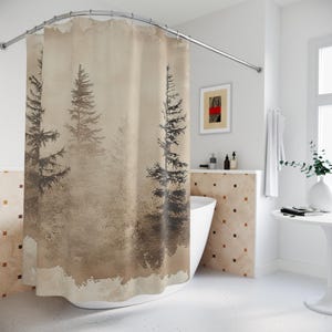 Misty Mountains Shower Curtain with Watercolor Pine Forest Bathroom Decor, Foggy Forest Shower Curtain, Nature Theme Bathroom Curtain