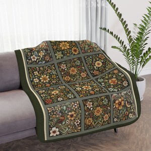 Forest Green Blanket, Earth Tone Scandi Folk Art Throw, Scandinavian Rosemaling Style Tiles, Original Design, Wedding Gift, Decor Danish